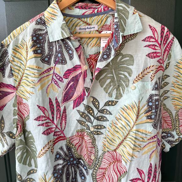 NWT Tommy Bahama Retro Vines Shirt Aqua M Linen TENCEL Hawaiian Island Print - Picture 2 of 8